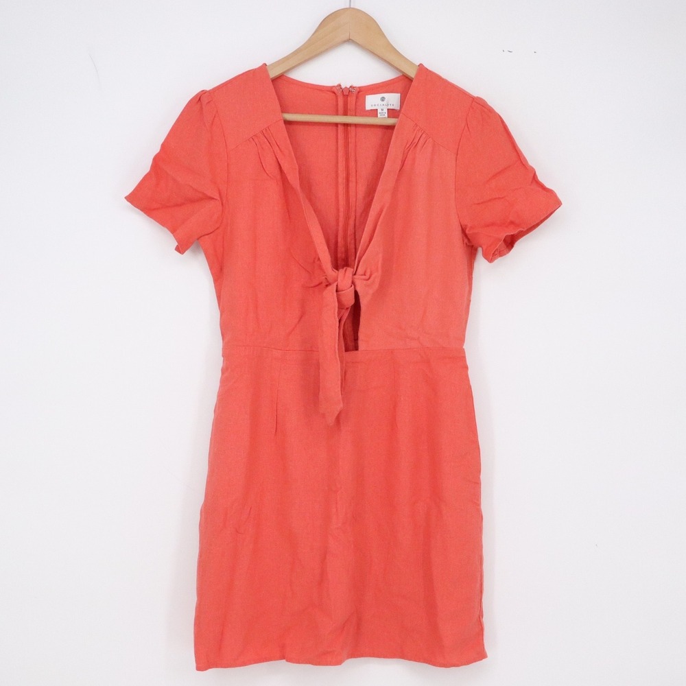Socialite Linen Mini Dress Womens M Tie Front Coral Short Sleeve Excellent